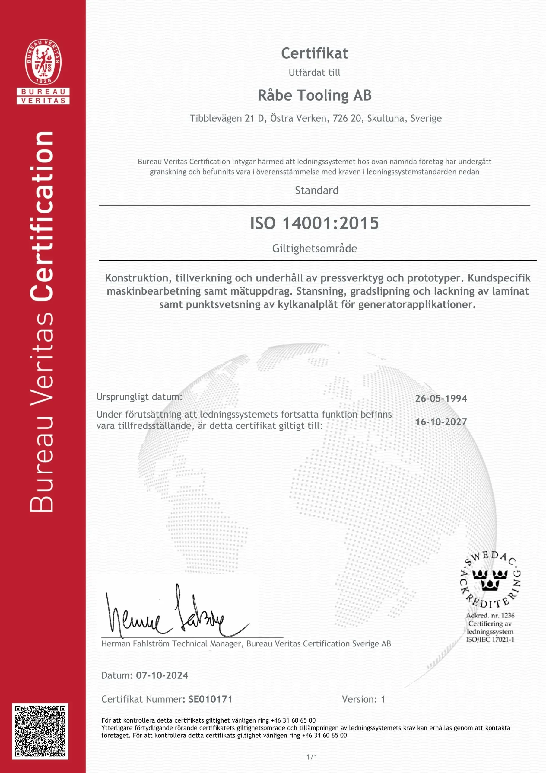Råbe Tooling AB ISO 14001 certifikat